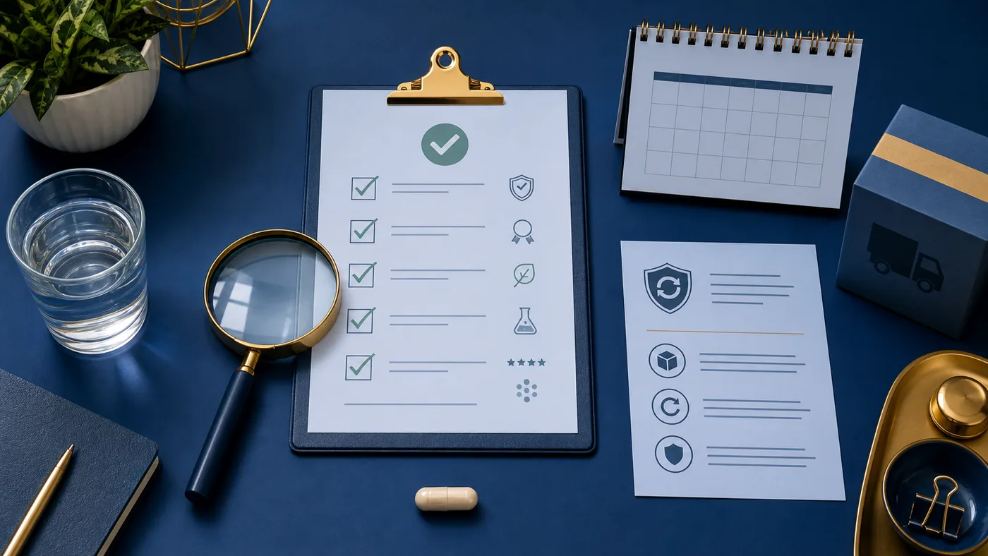 Buyer decision desk with abstract checklist, calendar, capsule, water and shipping cues