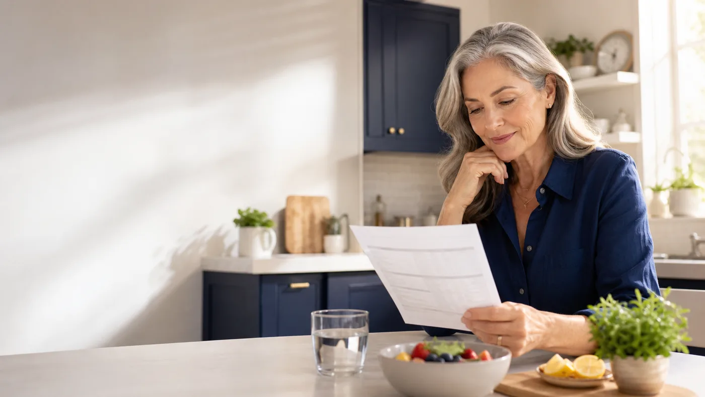 Woman reviewing an unbranded supplement information sheet beside breakfast and water