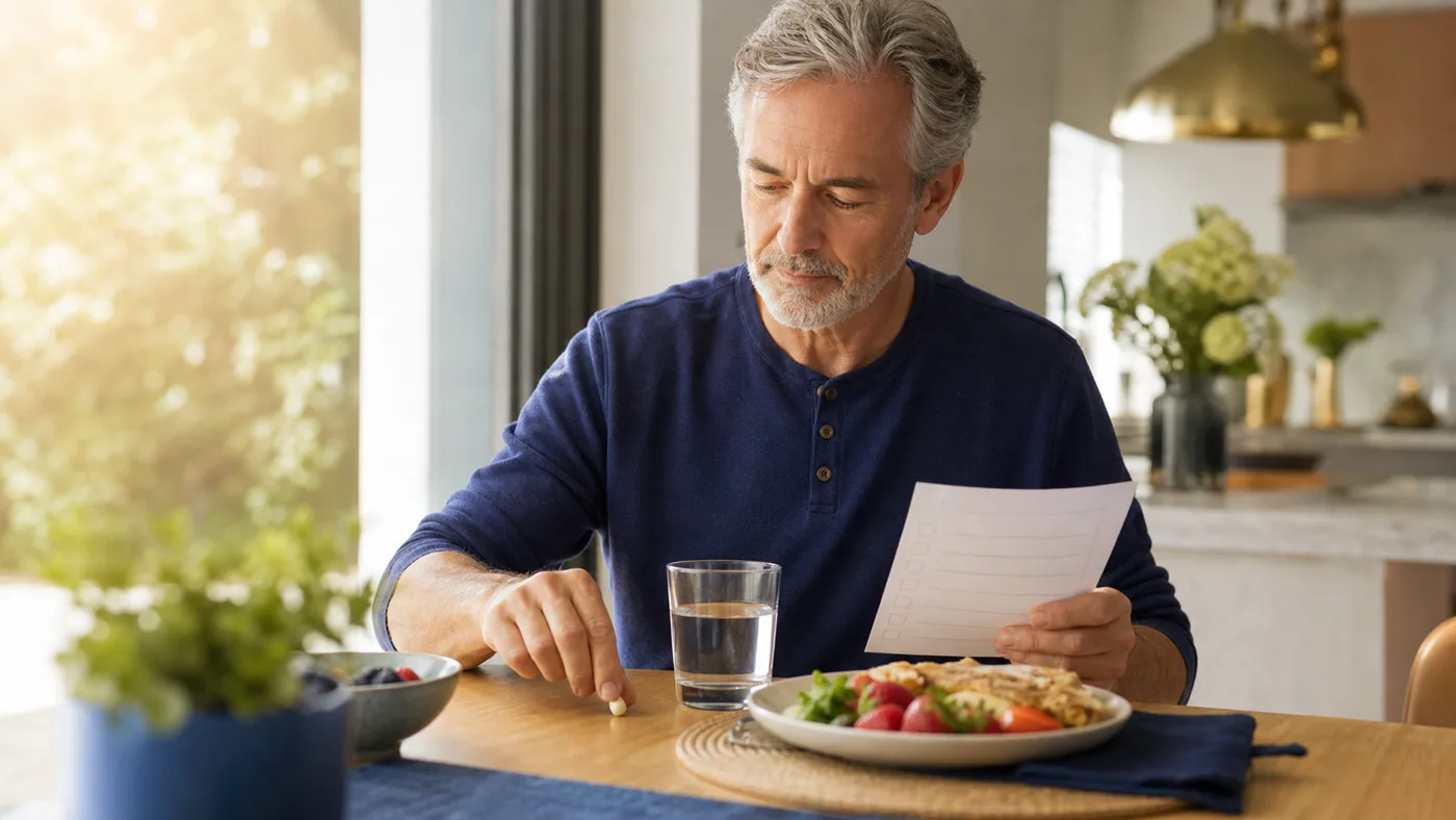 Older man checking a simple breakfast supplement routine with water